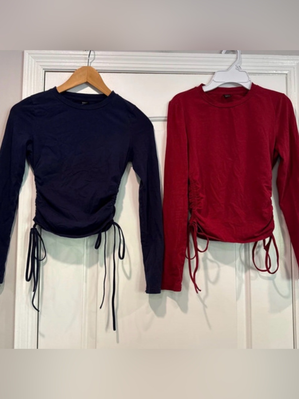 SHEIN Navy & Burgundy Crewneck Ruched Sides Crop Tops - Sz Small